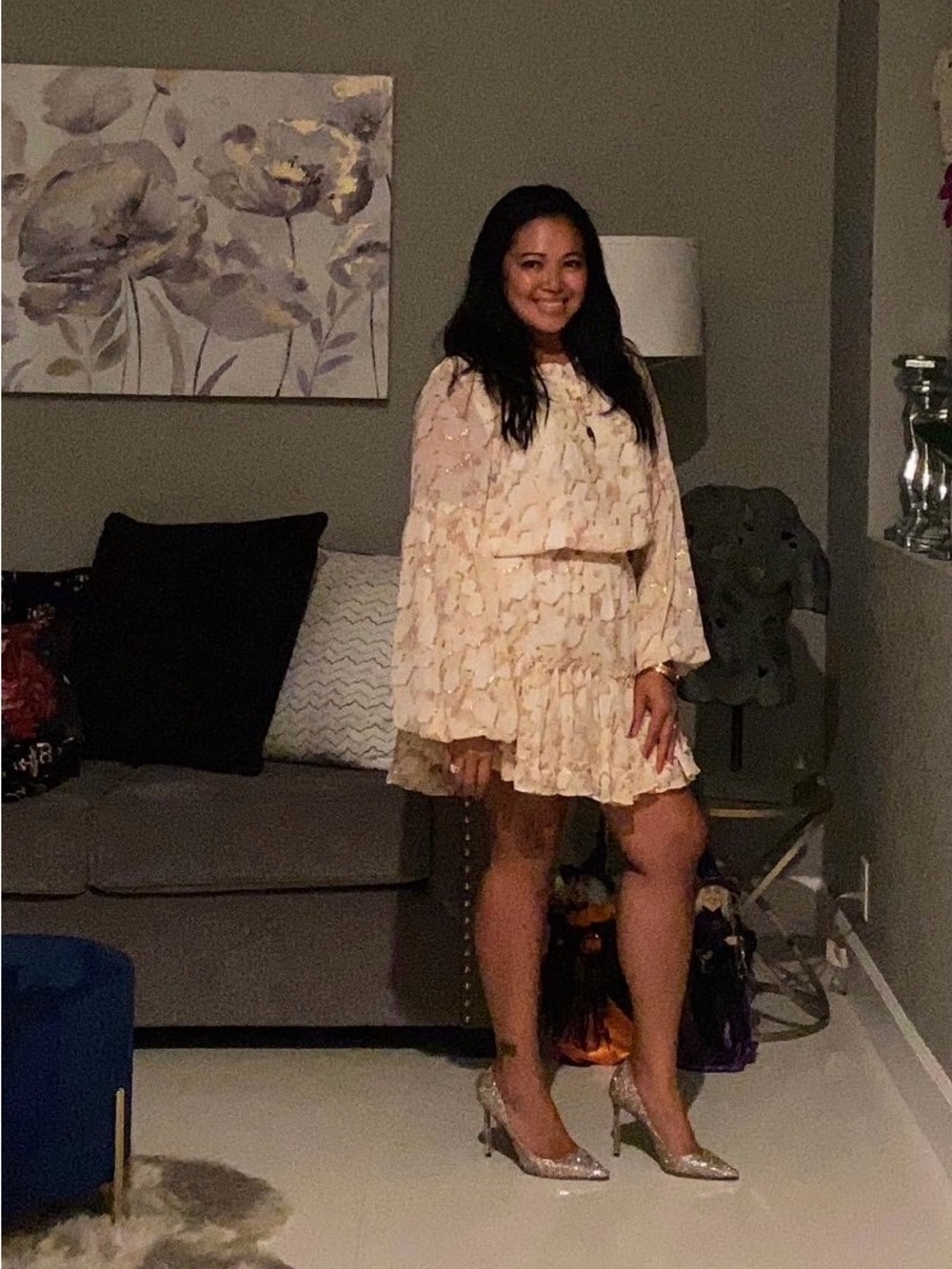 Beige & Gold Metallic Print Ruffle Dress - Picture 3 of 5